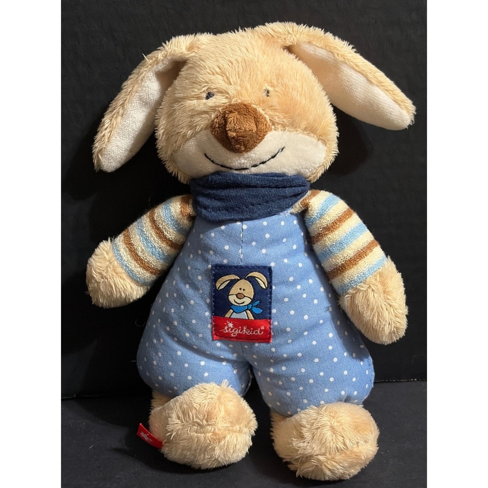 Sigikid Bunny Rabbit Plush Toy Blue Polka Dot Overalls Lovey Stuffed Animal